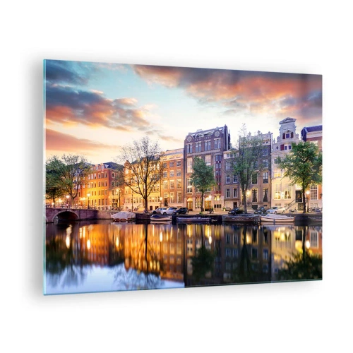 Obraz na skle - Amsterdamský kanál pri západe slnka s odrazom vo vode - 70x50cm - Zdržanlivá a vyrovnaná holandská krása - Moderná nástenná dekorácia do obývacej izby a spálne ARTTOR
