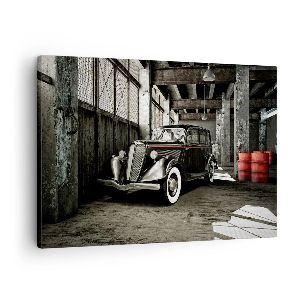 Obraz na plátne - Štýlové retro auto v surovom sklade - 70x50cm - Nepominuteľná elegancia 30. rokov - Moderná nástenná dekorácia do obývacej izby a spálne ARTTOR