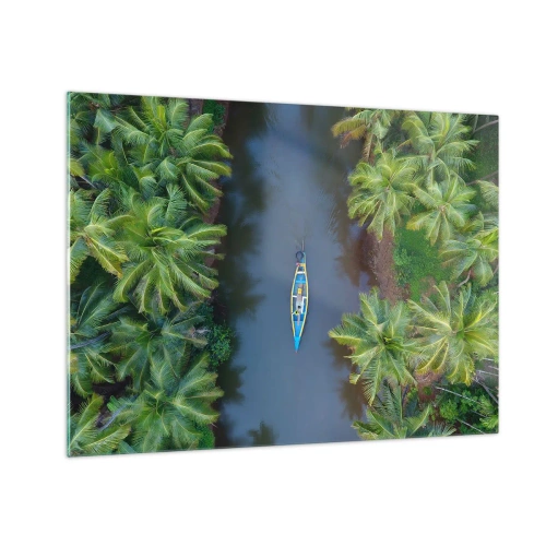 Obraz na skle - Pohľad z vtáčej perspektívy na loď plávajúcu cez kanál medzi tropickými palmami - 70x50cm - Na tropickom chodníku - Moderná nástenná dekorácia do obývacej izby a spálne ARTTOR