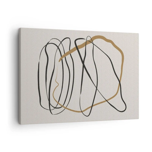 Obraz na plátne - Umelecké čiary v čiernej a zlatej farbe na svetlom pozadí - 70x50cm - Kompozícia – tanec v slučke - Moderná nástenná dekorácia do obývacej izby a spálne ARTTOR
