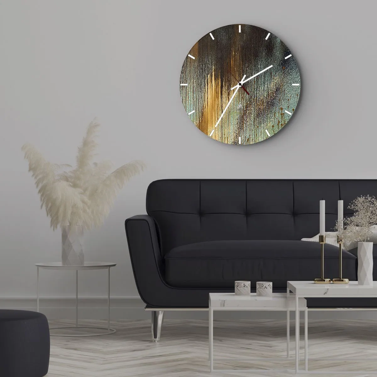 Nástenné hodiny - Abstraktné pruhy farby v zlatej, modrej a čiernej farbe - 30x30cm - Nenáhodná farebná kompozícia - Moderná nástenná dekorácia do obývacej izby, kuchyne a spálne ARTTOR