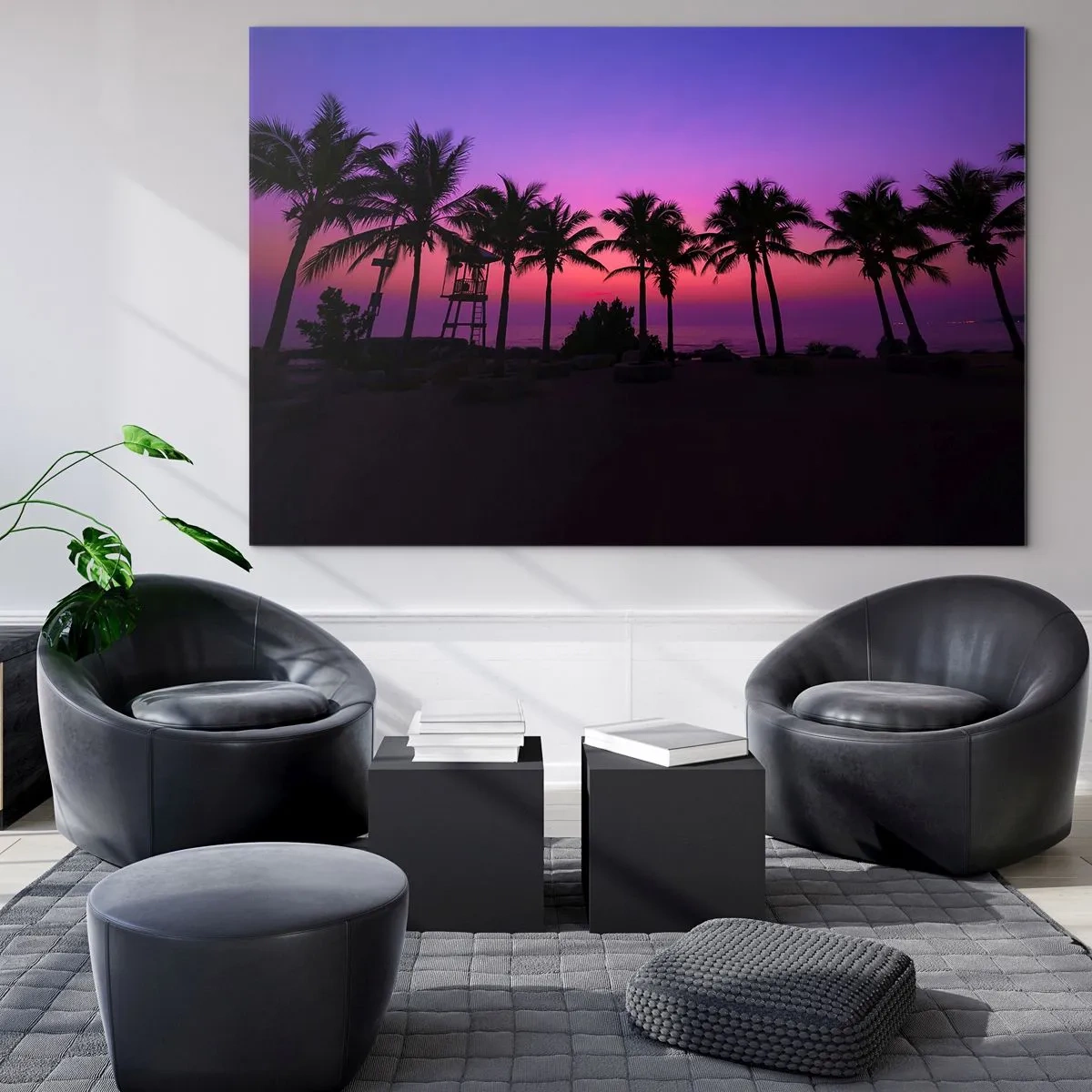 Obraz na skle - Palmy na pozadí fialovo-ružového západu slnka - 70x50cm - Večer pod palmami - Moderná nástenná dekorácia do obývacej izby a spálne ARTTOR