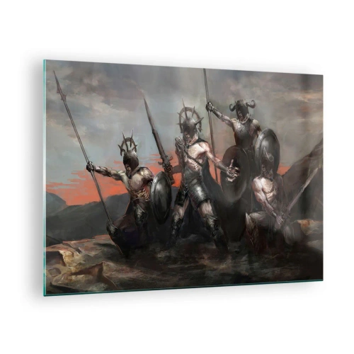 Obraz na skle - Bojovníci s oštepmi a štítmi proti červenej oblohe - 70x50cm - So štítom alebo na štíte - Moderná nástenná dekorácia do obývacej izby a spálne ARTTOR