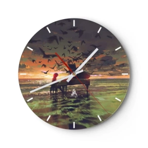 Nástenné hodiny - Klavirista hrajúci na pozadí západu slnka - 30x30cm - Koncert na piano a vlny - Moderná nástenná dekorácia do obývacej izby, kuchyne a spálne ARTTOR