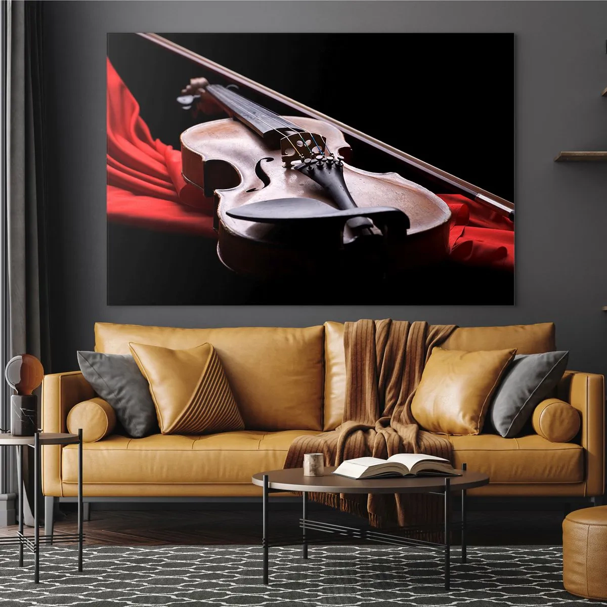 Obraz na skle - Husle na červenej látke na čiernom pozadí - 70x50cm - Hudba pocitov - Moderná nástenná dekorácia do obývacej izby a spálne ARTTOR