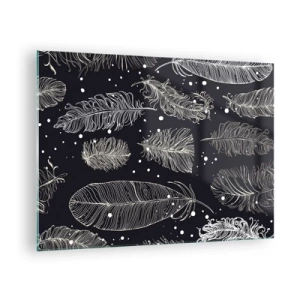 Obraz na skle - Biele perie na čiernom pozadí s jemnými detailmi - 70x50cm - Čipka s perím - Moderná nástenná dekorácia do obývacej izby a spálne ARTTOR