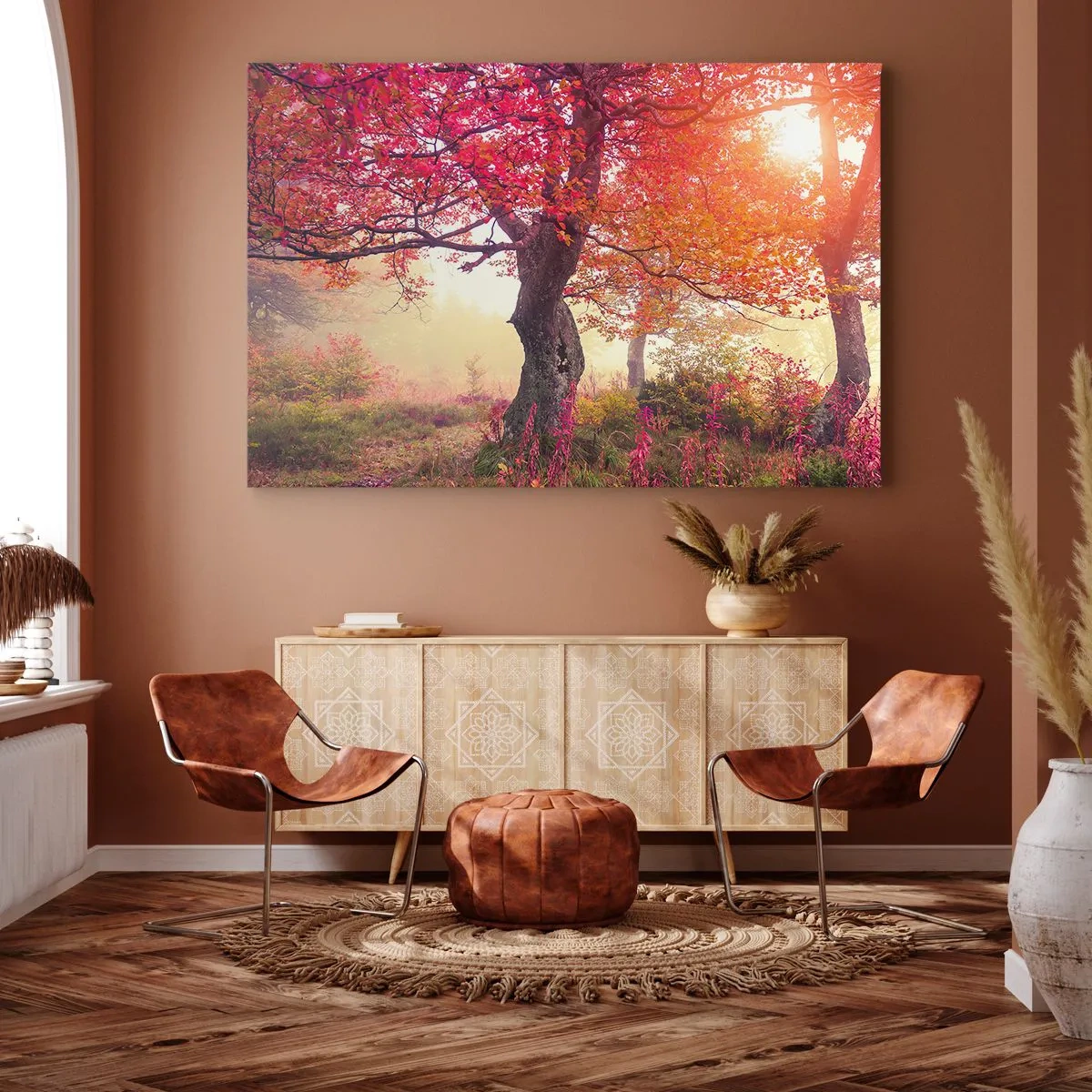 Obraz na plátne - Jesenná krajina so stromami v intenzívnych farbách - 70x50cm - Šialenstvo rozkvetu - Moderná nástenná dekorácia do obývacej izby a spálne ARTTOR