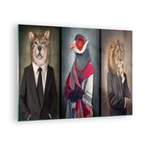 Obraz na skle - Tri zvieratá v elegantnom oblečení na štylizovanom pozadí - 70x50cm - Čo tu robím?! - Moderná nástenná dekorácia do obývacej izby a spálne ARTTOR