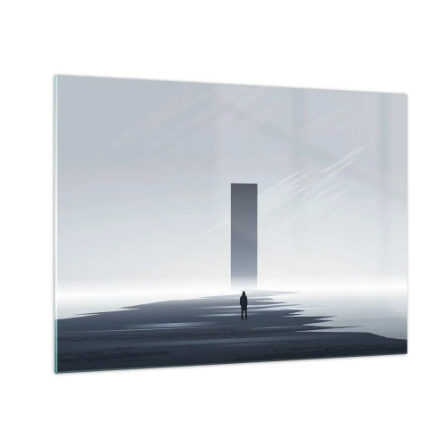 Obraz na skle - Minimalistická krajina s postavou a monolitom v diaľke. - 70x50cm - Príležitosť alebo hrozba? - Moderná nástenná dekorácia do obývacej izby a spálne ARTTOR