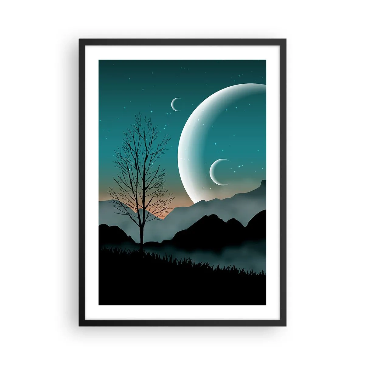 Plagát v čiernom ráme - Umelecká krajina s mesiacom na pozadí hôr a stromov - 50x70cm - Karneval hviezdnej noci - Moderná nástenná dekorácia do obývacej izby a spálne ARTTOR