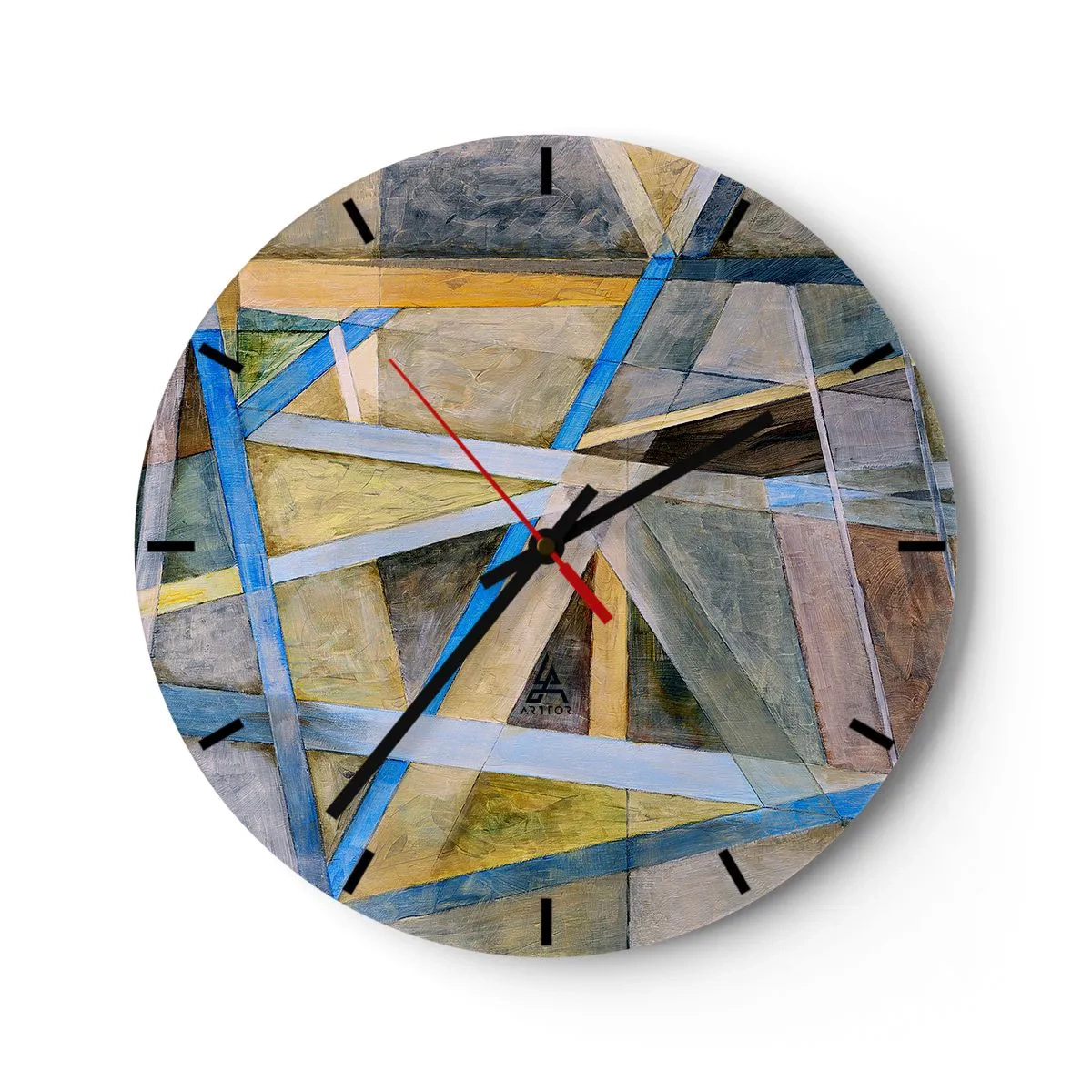 Nástenné hodiny - Geometrická abstrakcia so žltými a modrými akcentmi na neutrálnom pozadí. - 30x30cm - Priamo alebo diagonálne? - Moderná nástenná dekorácia do obývacej izby, kuchyne a spálne ARTTOR