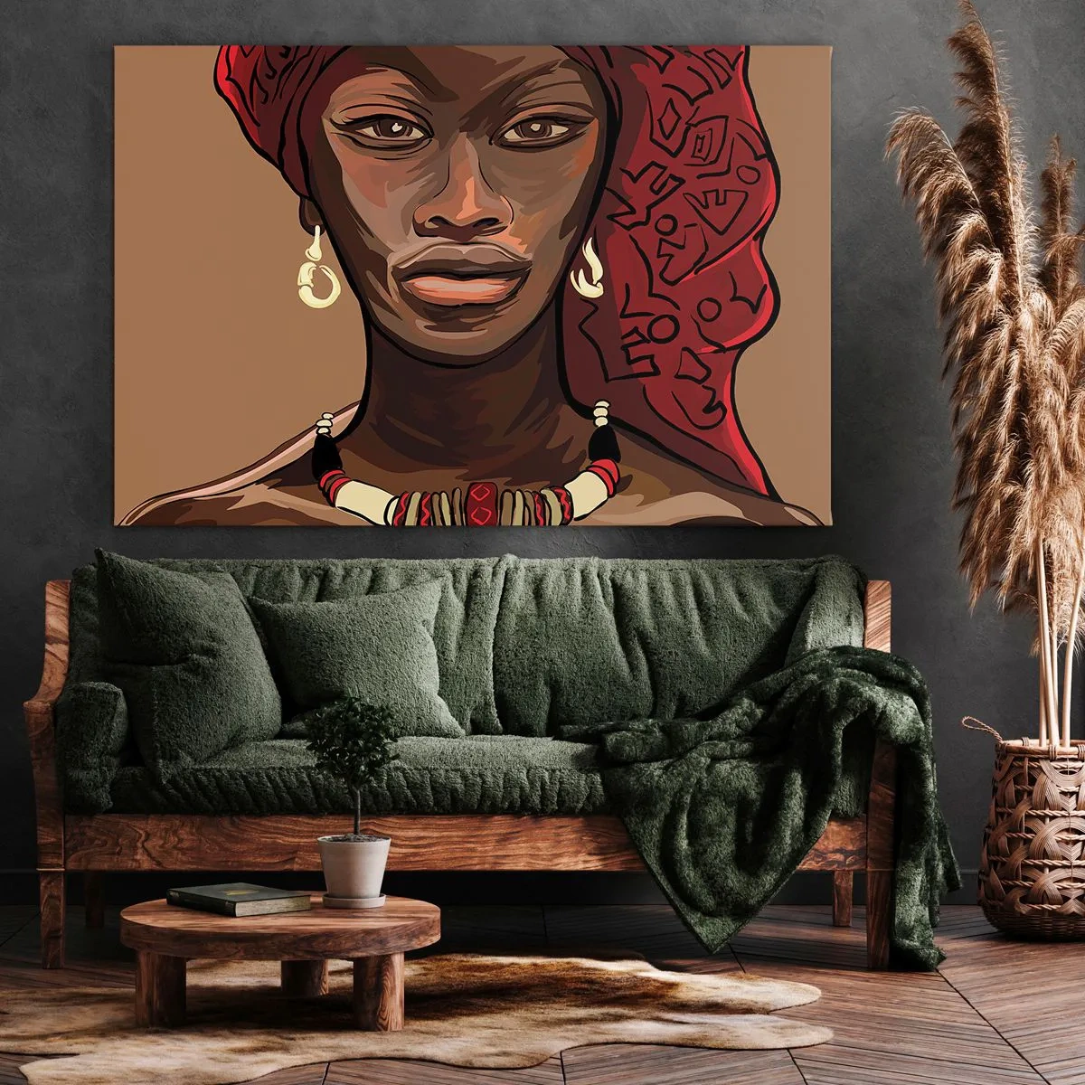Obraz na plátne - Portrét ženy s červeným turbanom na béžovom pozadí - 70x50cm - Ebenová Venuša - Moderná nástenná dekorácia do obývacej izby a spálne ARTTOR