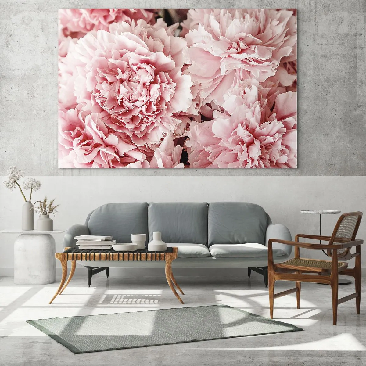 Obraz na skle - Detailný záber na ružové pivonky v plnom kvete - 70x50cm - Ružový sen - Moderná nástenná dekorácia do obývacej izby a spálne ARTTOR
