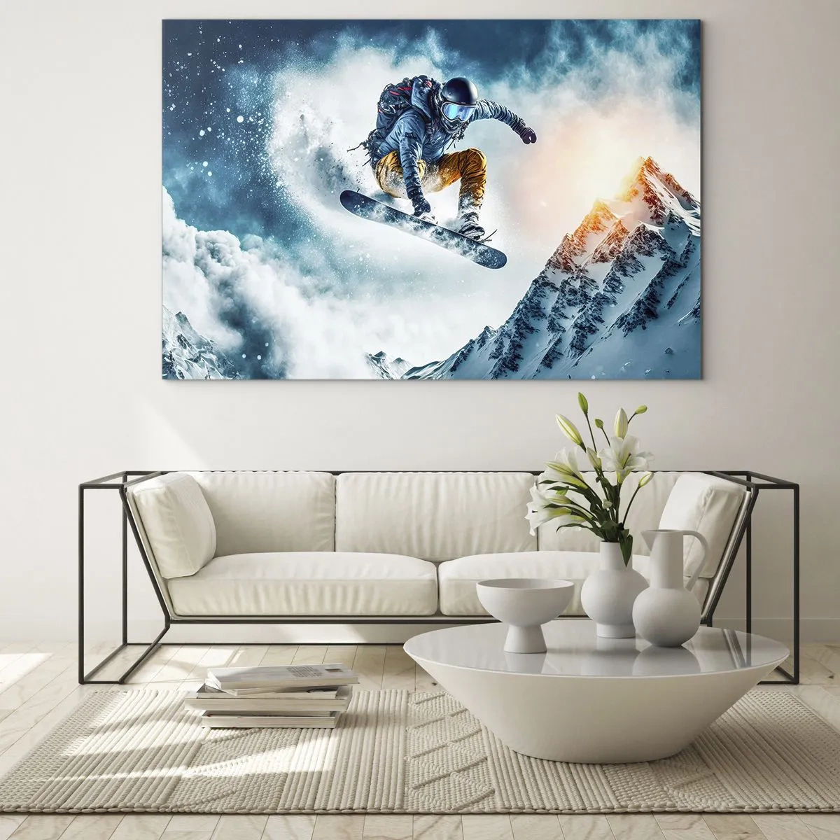 Obraz na skle - Snowboardista letí nad zasneženými horami - 70x50cm - Extrémne emócie - Moderná nástenná dekorácia do obývacej izby a spálne ARTTOR