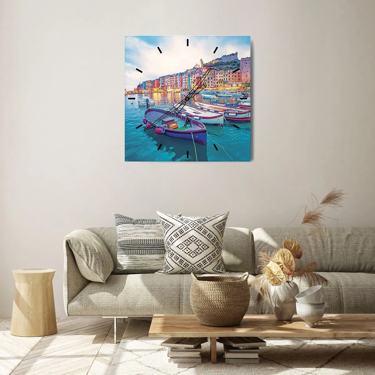 Nástenné hodiny - Farebný večer v prístave - 30x30 cm