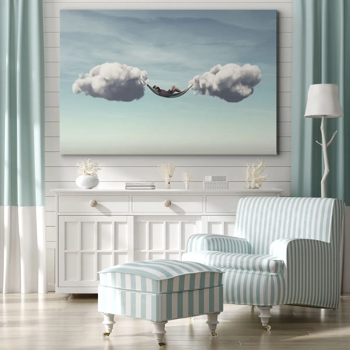 Obraz na plátne - Osoba relaxujúca v hojdacej sieti zavesenej v oblakoch - 70x50cm - Blaženosť okamihu - Moderná nástenná dekorácia do obývacej izby a spálne ARTTOR