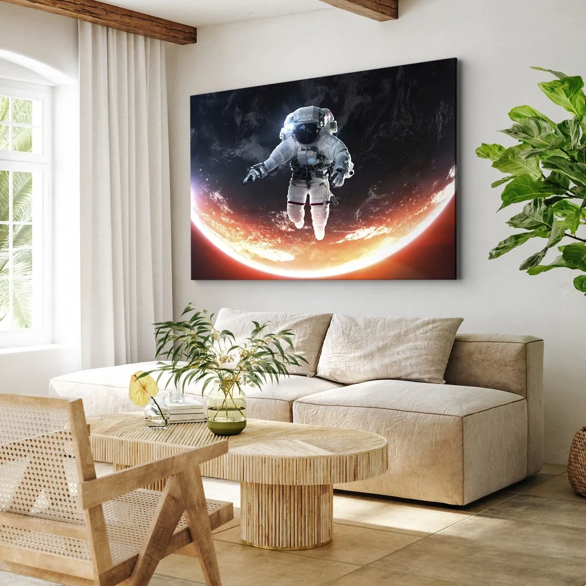 Obraz na plátne - Astronaut vznášajúci sa nad slnkom osvetlenou Zemou - 70x50cm - Môžem zostať ešte chvíľku? - Moderná nástenná dekorácia do obývacej izby a spálne ARTTOR