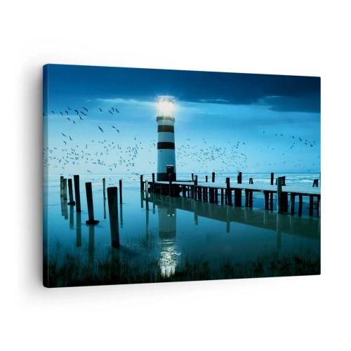 Obraz na plátne - Maják na móle osvetlený v noci - 70x50cm - A nebojíš sa tmy - Moderná nástenná dekorácia do obývacej izby a spálne ARTTOR