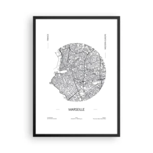 Plagát v čiernom ráme - Minimalistická mapa Marseille v kruhu - 50x70cm - Anatómia Marseille - Moderná nástenná dekorácia do obývacej izby a spálne ARTTOR