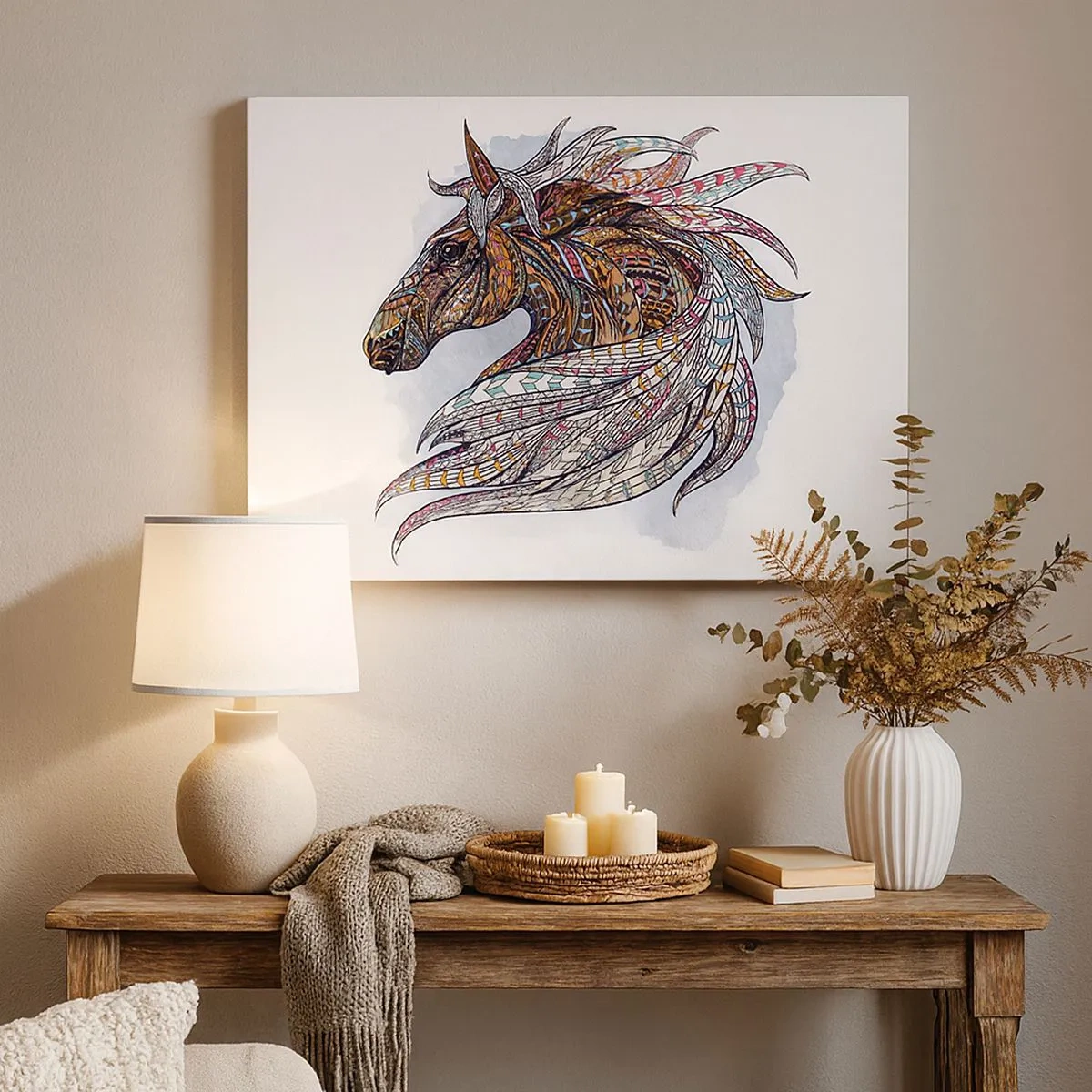 Obraz na plátne - Geometrický kôň s farebnou, detailnou hrivou - 70x50cm - Keltský vojnový or - Moderná nástenná dekorácia do obývacej izby a spálne ARTTOR