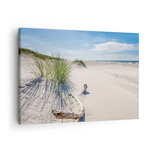 Obraz na plátne - Baltská pláž s pieskom, trávou a pokojnou modrou oblohou - 70x50cm - Najkrajšia? Baltská - Moderná nástenná dekorácia do obývacej izby a spálne ARTTOR