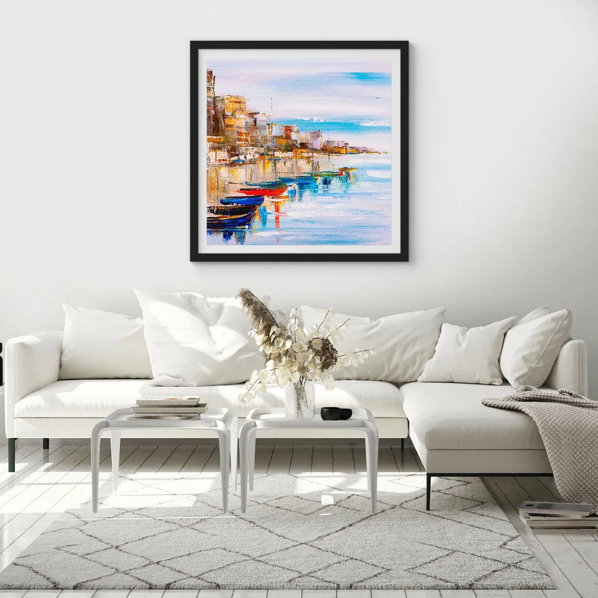 Plagát v čiernom ráme - Viacfarebný mestský prístav - 60x60 cm