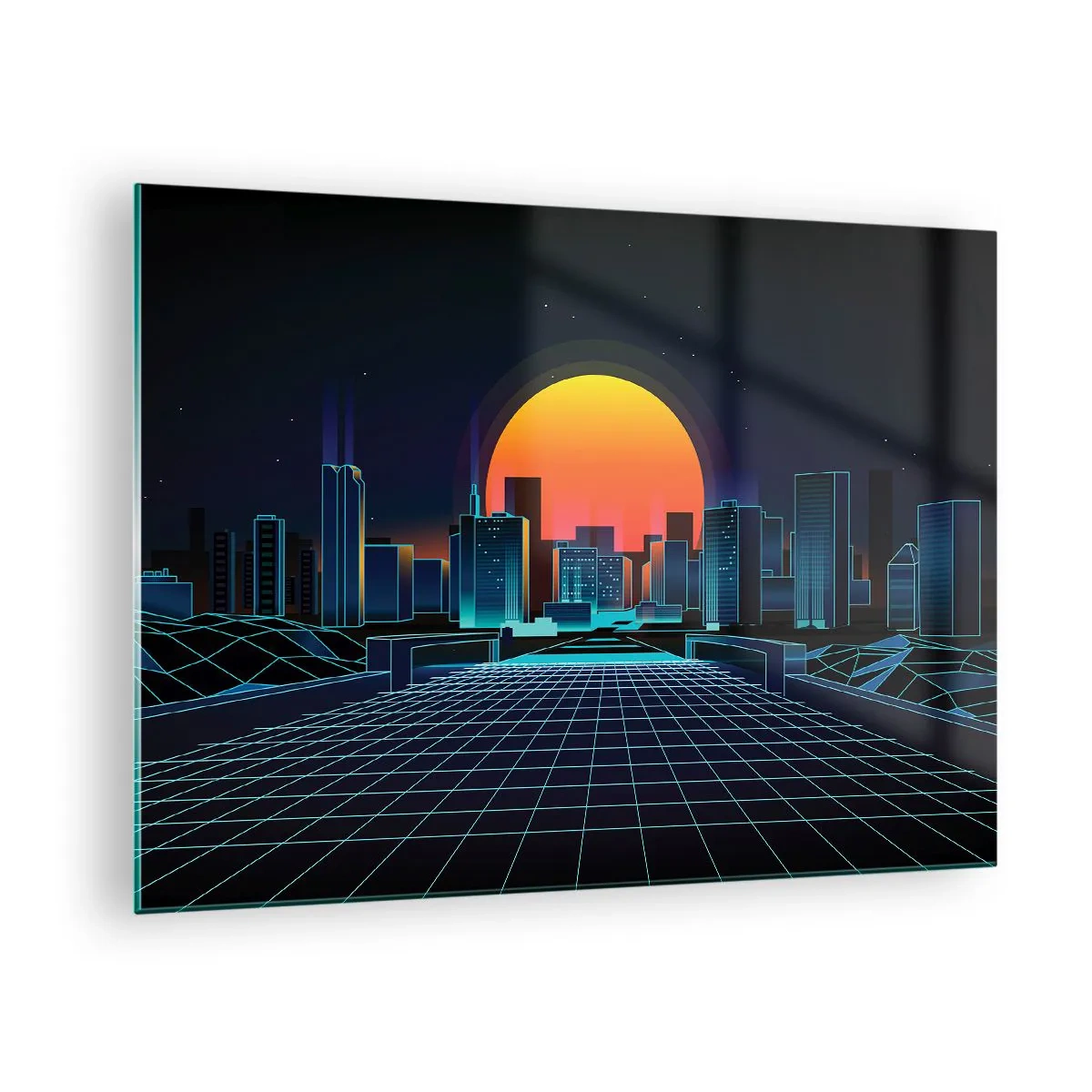 Obraz na skle - Futuristická panoráma mesta so západom slnka - 70x50cm - Stále chcete do reálu? - Moderná nástenná dekorácia do obývacej izby a spálne ARTTOR