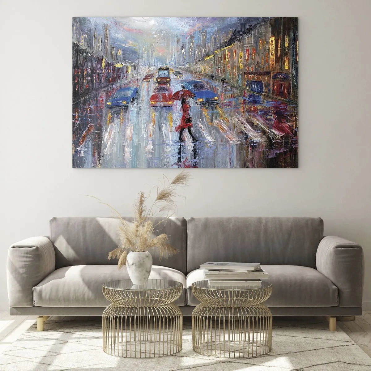 Obraz na skle - Mestská scéna v noci s dažďom a farebnými svetlami - 70x50cm - Daždivé popoludnie v meste - Moderná nástenná dekorácia do obývacej izby a spálne ARTTOR