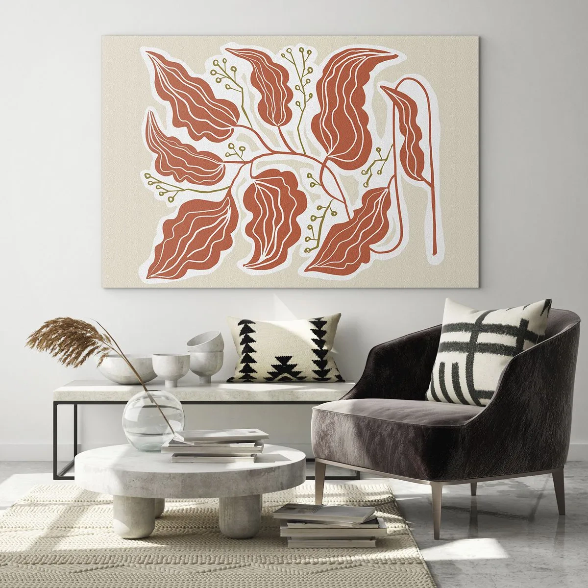Obraz na skle - Koralové listy s ľudovým vzorom na svetlom pozadí - 70x50cm - Ľudovo a koralovo - Moderná nástenná dekorácia do obývacej izby a spálne ARTTOR