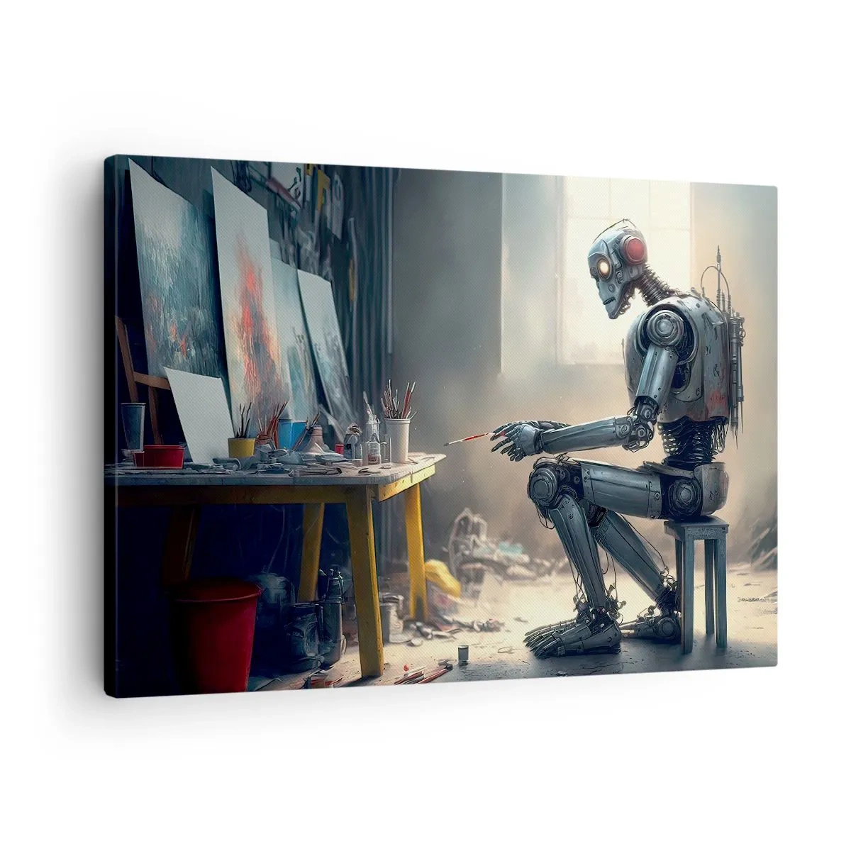 Obraz na plátne - Robot maľuje obraz v umeleckom štúdiu - 70x50cm - Akt stvorenia - Moderná nástenná dekorácia do obývacej izby a spálne ARTTOR