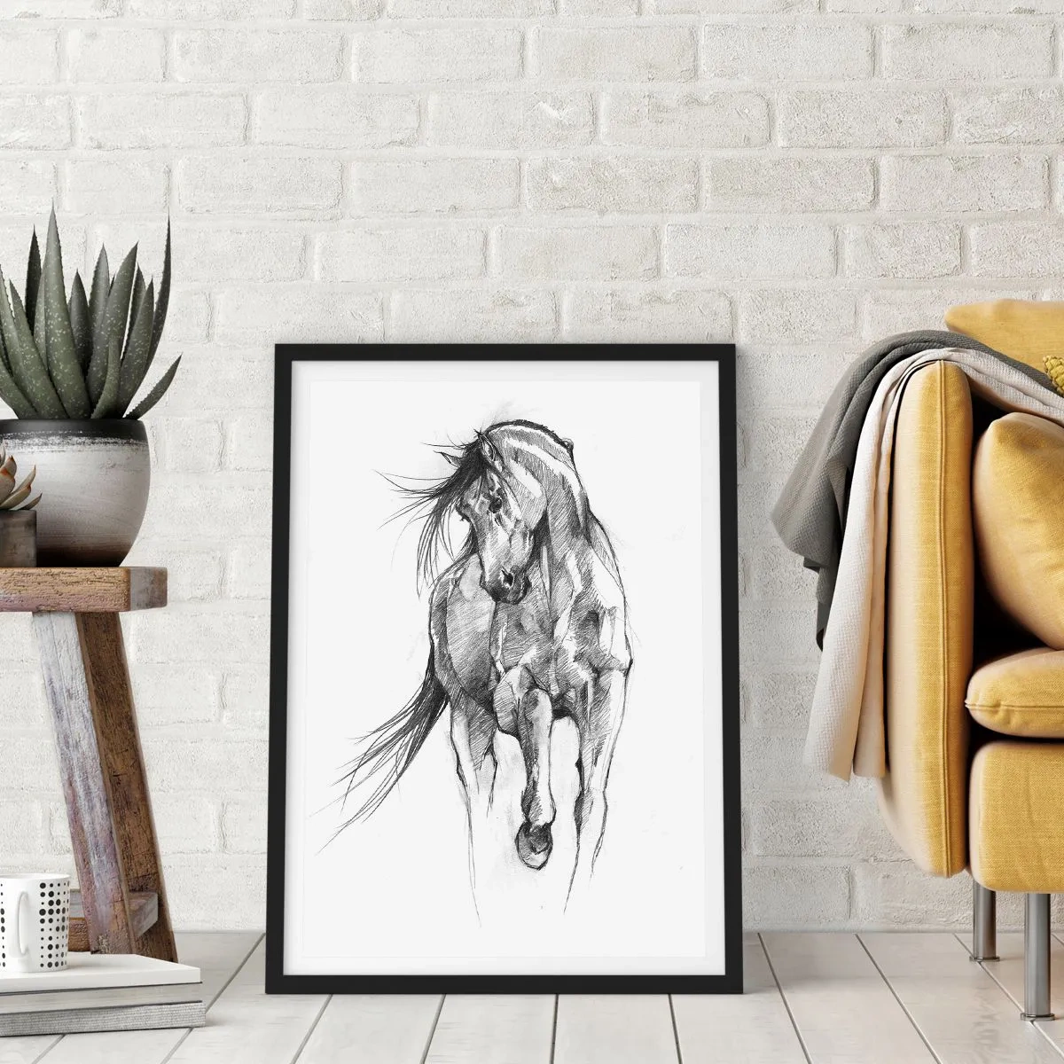 Plagát v čiernom ráme - Náčrt koňa v dynamickej póze - 50x70cm - V ladnom kluse - Moderná nástenná dekorácia do obývacej izby a spálne ARTTOR