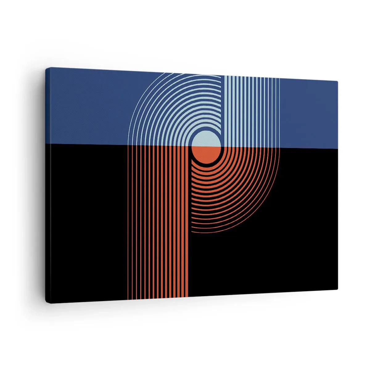 Obraz na plátne - Geometrická abstrakcia s čiarami v tmavomodrej a oranžovej farbe. - 70x50cm - V geometrickom objatí - Moderná nástenná dekorácia do obývacej izby a spálne ARTTOR