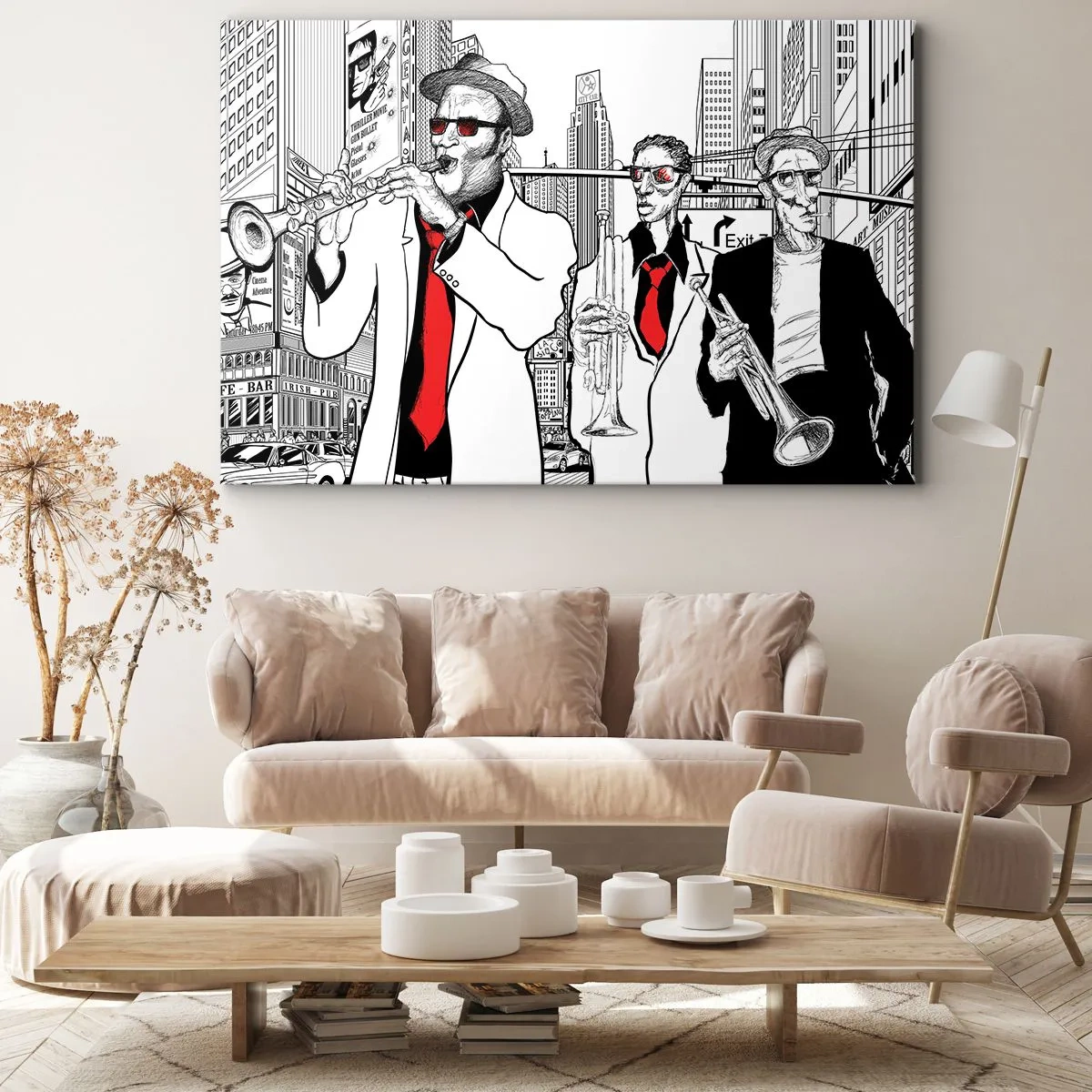 Obraz na plátne - Ilustrácia džezových hudobníkov na mestskom pozadí - 70x50cm - Mestská rapsódia v čiernej a červenej - Moderná nástenná dekorácia do obývacej izby a spálne ARTTOR