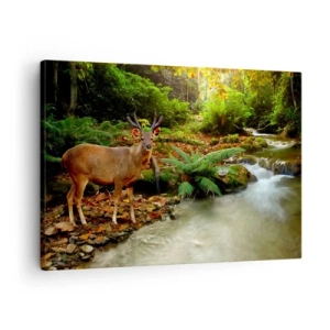 Obraz na plátne - Jeleň pri potoku obklopený zeleňou v lese - 70x50cm - Vítajte v mojom svete - Moderná nástenná dekorácia do obývacej izby a spálne ARTTOR