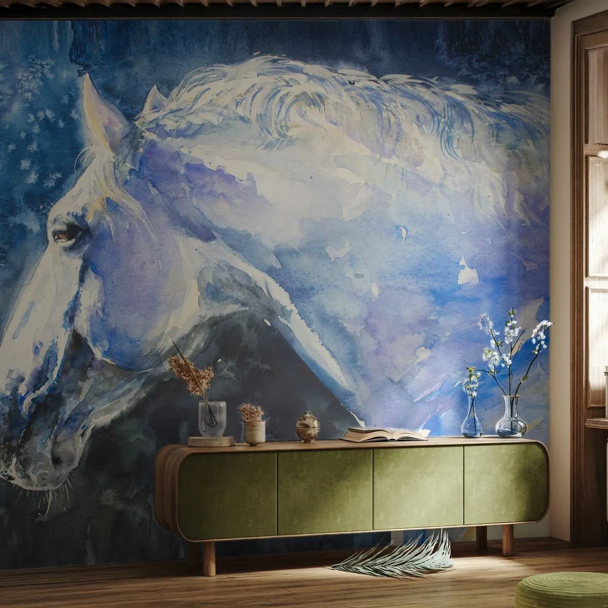 Fototapeta Standard Eco - Portrét v modrej žiare - Kôň, Maľovanie, Zvieratá - 250x175 cm