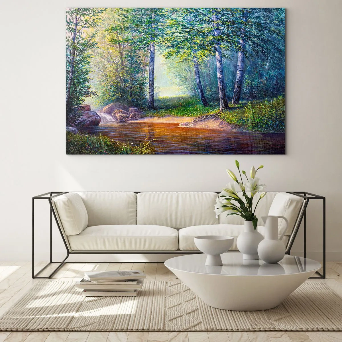 Obraz na skle - Lesný potok obklopený stromami v slnečných lúčoch - 70x50cm - Idylické prostredie - Moderná nástenná dekorácia do obývacej izby a spálne ARTTOR