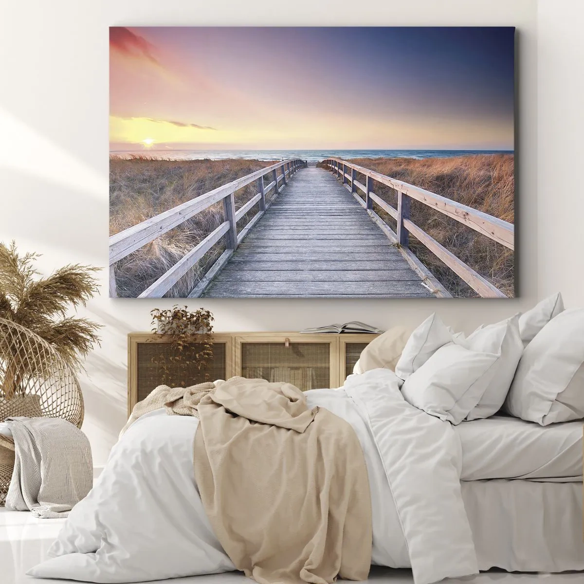 Obraz na plátne - Drevené mólo vedúce na pláž pri západe slnka s oblohou namaľovanou v pastelových farbách. - 70x50cm - Baltská večerná polárna žiara - Moderná nástenná dekorácia do obývacej izby a spálne ARTTOR