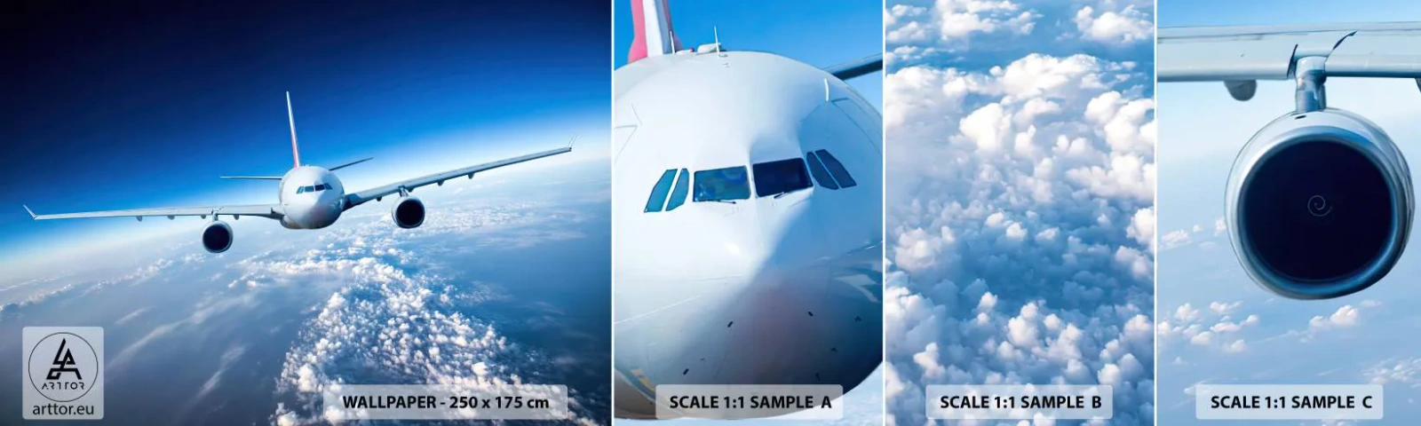 Vzorka samolepiacej fototapety Deluxe Sticker - Letím lebo chcem - Lietadlo, Lietadlá, Výlet - 100x30 cm