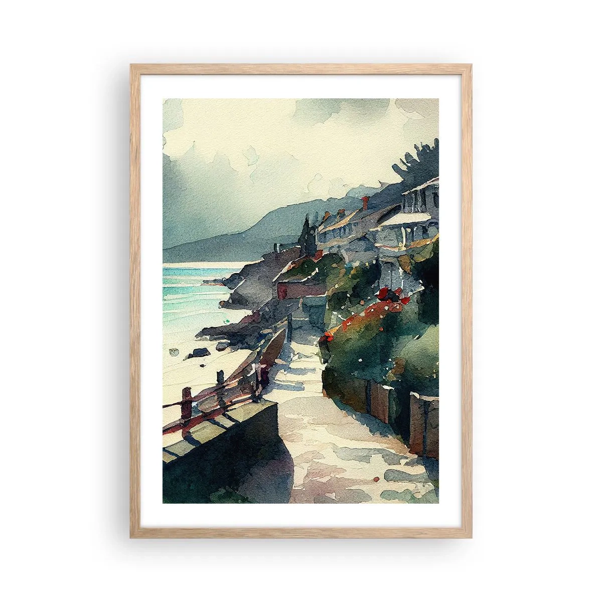 Plagát v ráme zo svetlého duba - Stredomorské mestečko - 50x70 cm