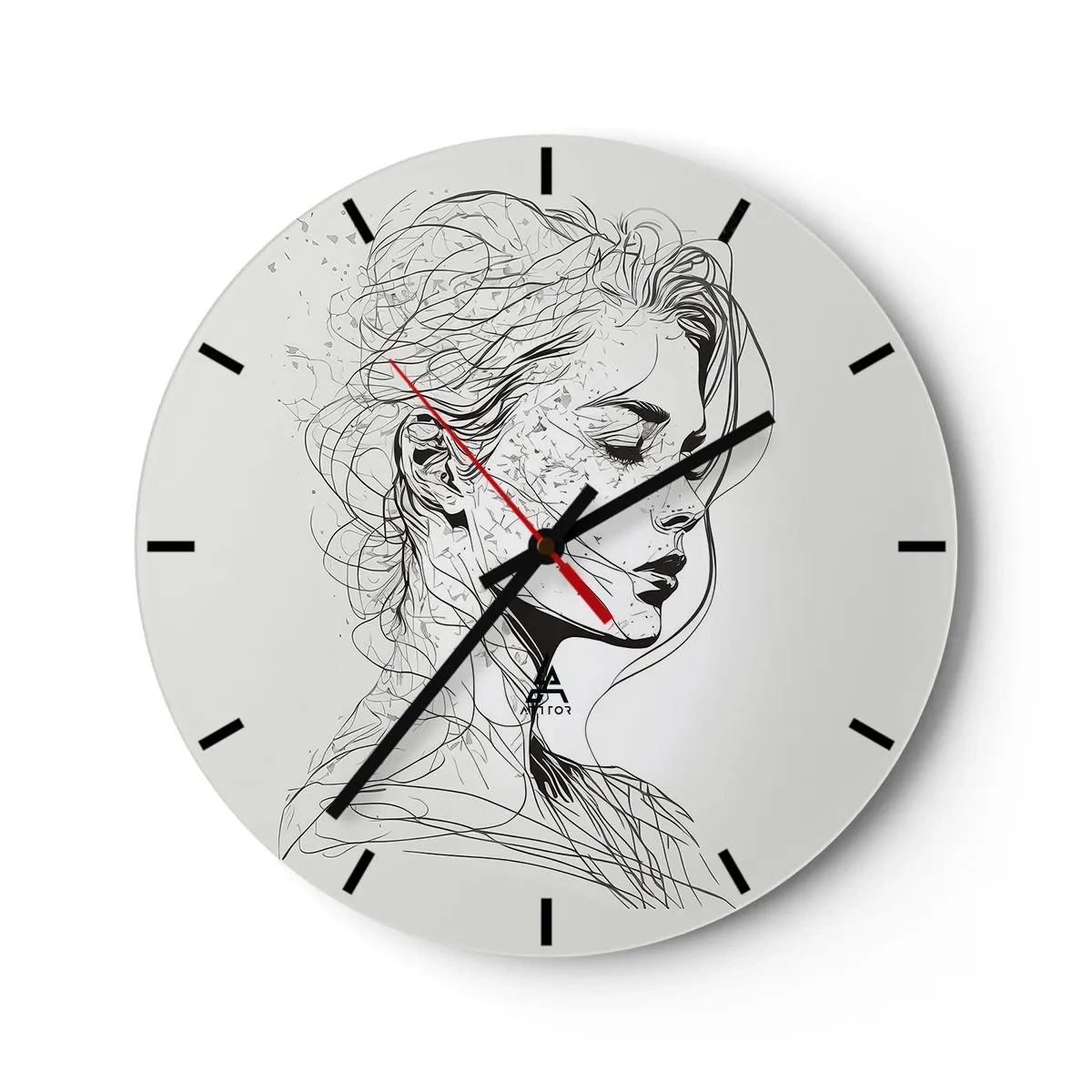 Nástenné hodiny - Čiernobiela skica ženskej tváre v myšlienkach - 30x30cm - Portrét v zamyslení - Moderná nástenná dekorácia do obývacej izby, kuchyne a spálne ARTTOR