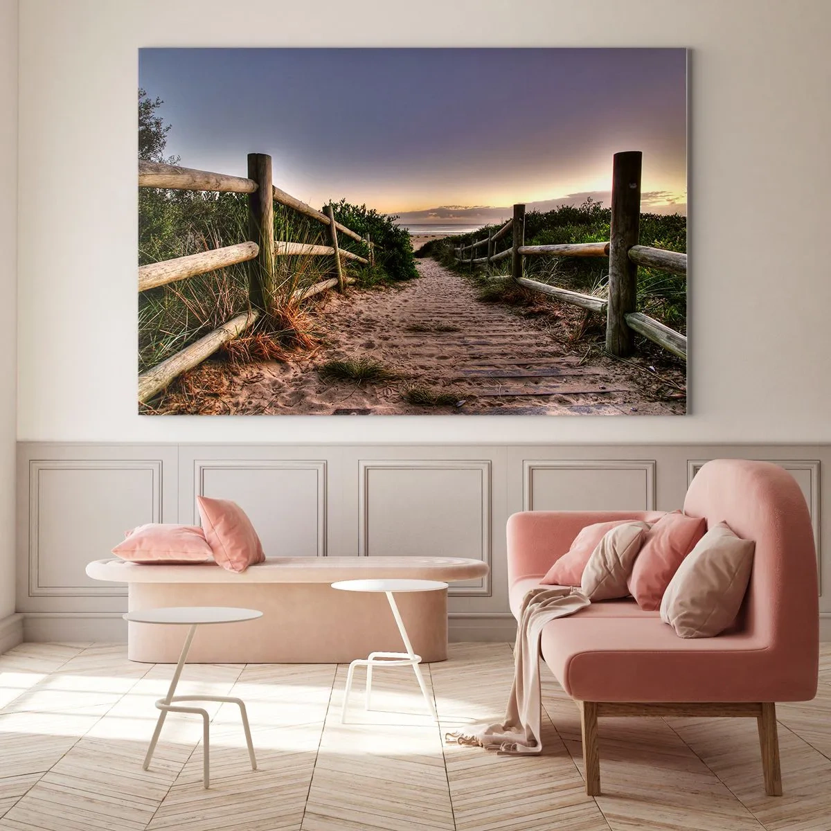 Obraz na skle - Cesta k pláži pri západe slnka - 70x50cm - Už je vidieť cieľ - Moderná nástenná dekorácia do obývacej izby a spálne ARTTOR