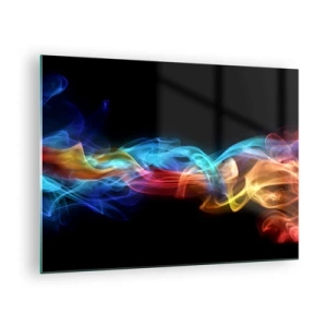 Obraz na skle - Farebné dymové pruhy na čiernom pozadí vytvárajú abstraktný vzor - 70x50cm - Dúhový tanec hmly - Moderná nástenná dekorácia do obývacej izby a spálne ARTTOR
