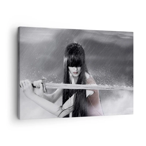 Obraz na plátne - Žena s mečom v daždi s dynamickým a tajomným vzhľadom - 70x50cm - Pekná a nebezpečná - Moderná nástenná dekorácia do obývacej izby a spálne ARTTOR