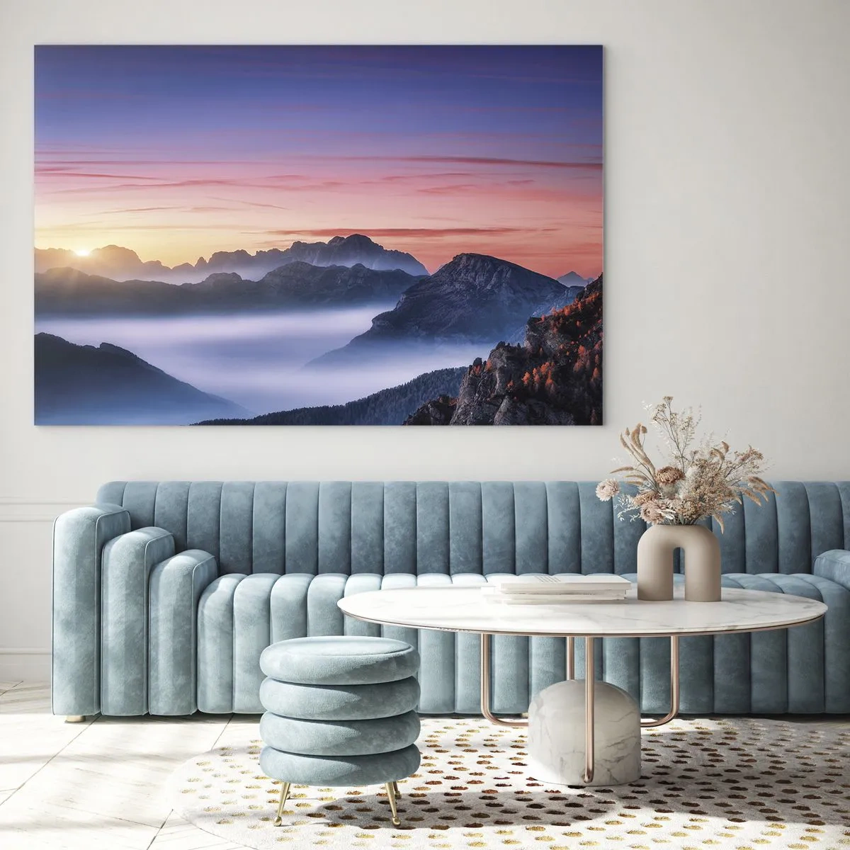 Obraz na skle - Malebný východ slnka nad horskou krajinou - 70x50cm - Nad údoliami - Moderná nástenná dekorácia do obývacej izby a spálne ARTTOR