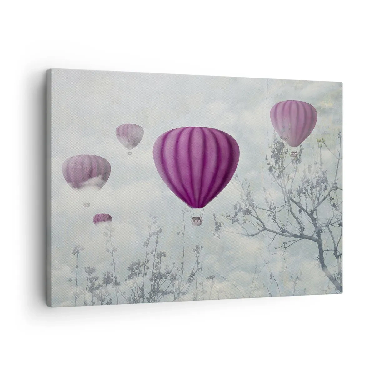 Obraz na plátne - Fialové balóny vznášajúce sa nad stromami v oblakoch - 70x50cm - Ako lode na oblohe - Moderná nástenná dekorácia do obývacej izby a spálne ARTTOR