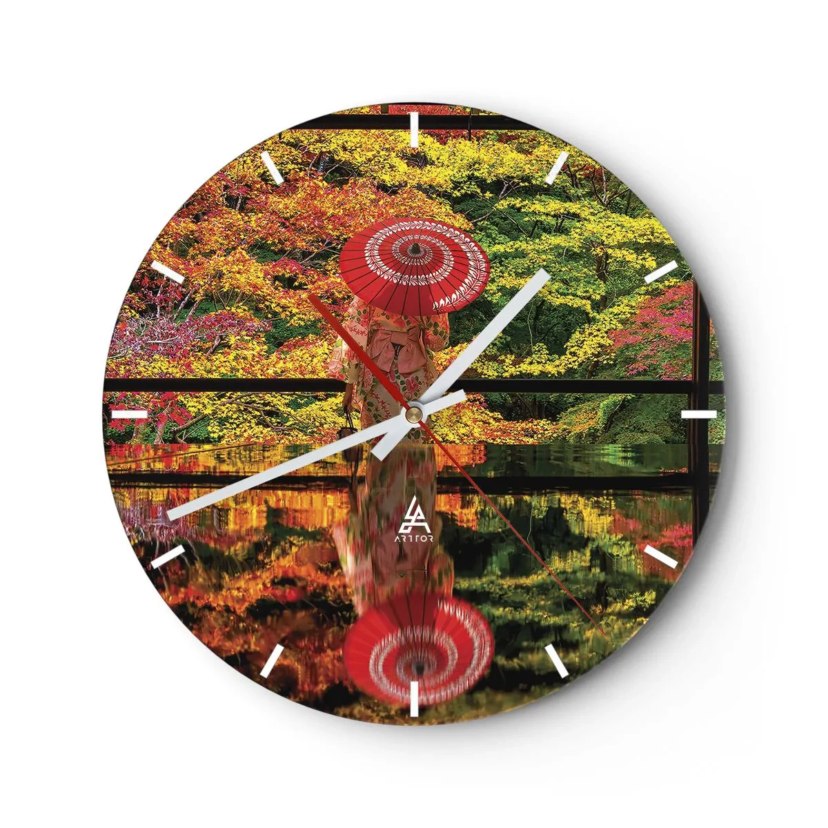 Nástenné hodiny - Japonský dáždnik medzi jesennými listami - 30x30cm - V chráme prírody - Moderná nástenná dekorácia do obývacej izby, kuchyne a spálne ARTTOR