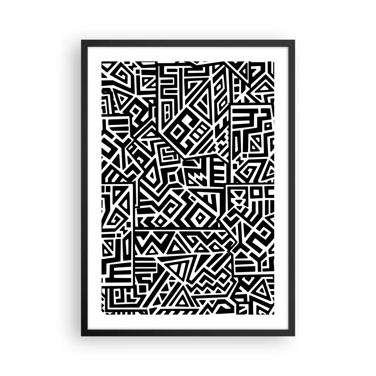 Plagát v čiernom ráme - Čiernobiely geometrický vzor v umeleckom štýle - 50x70cm - Predkolumbovská kompozícia - Moderná nástenná dekorácia do obývacej izby a spálne ARTTOR