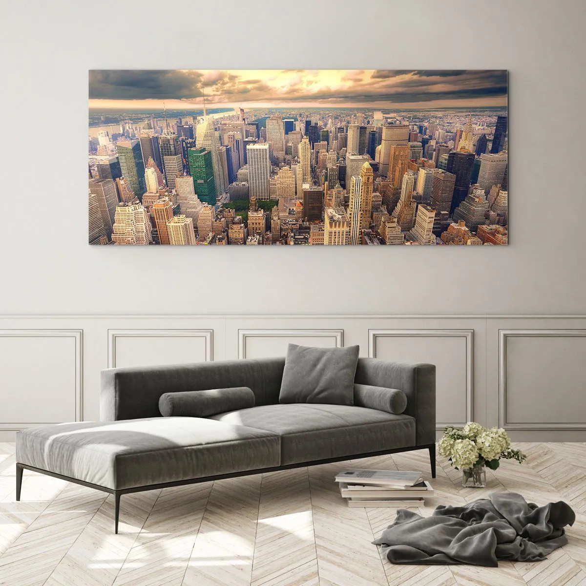Obraz na skle - Pozlátené Metropolis - 100x40 cm