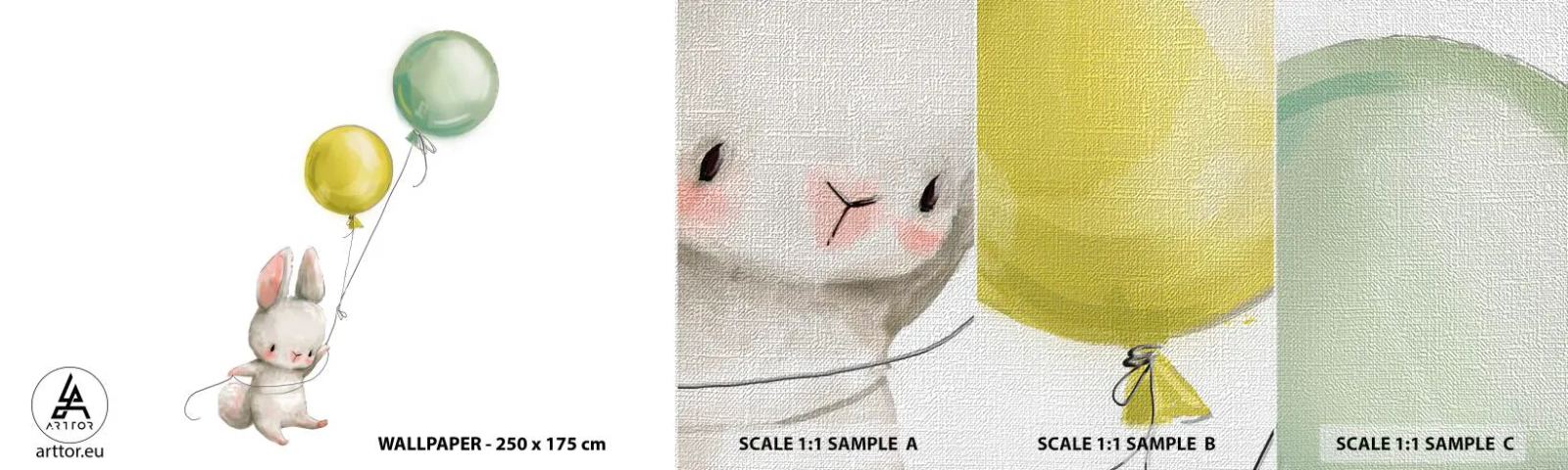 Vzorka fototapety Premium Canvas - Poletím aj ja! - Pre deti, Králik, Farebné balóny - 100x30 cm