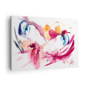 Obraz na plátne - Abstraktná tvár s výraznými očami a červenými akcentmi. - 70x50cm - V blízkosti svet rozkvitá - Moderná nástenná dekorácia do obývacej izby a spálne ARTTOR